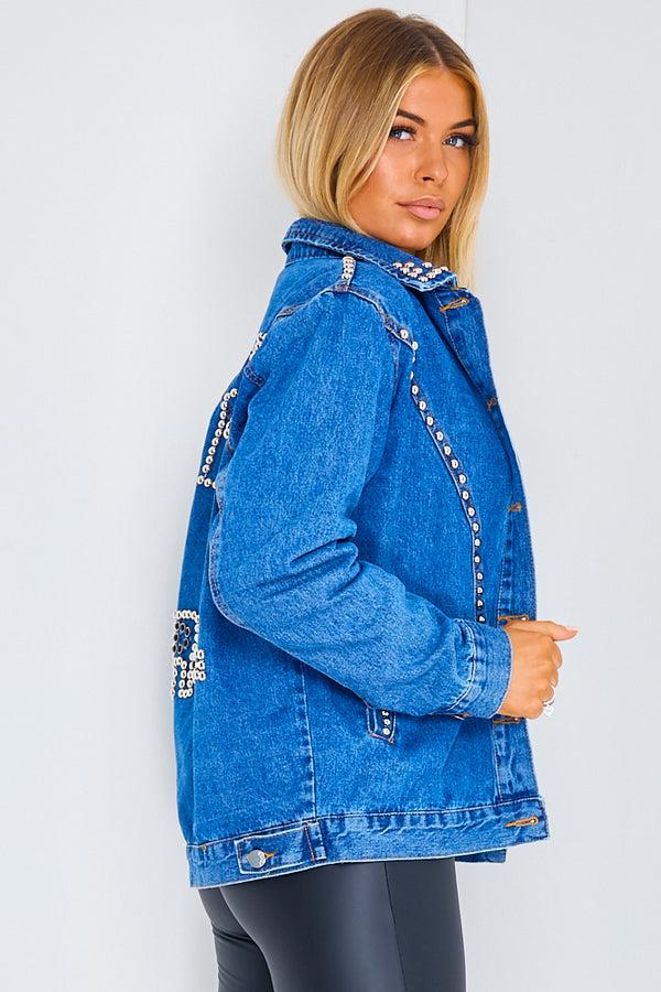 Lasula Blue Rock And Roll Slogan Studded Denim Jacket