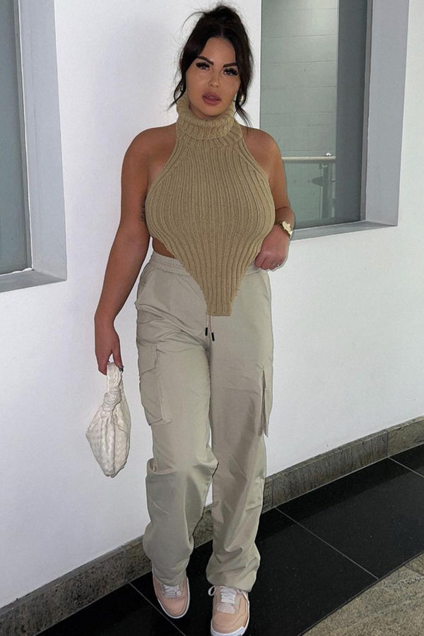 Lasula Caitlin Beige Roll Neck Distressed Hem Knit Crop Top