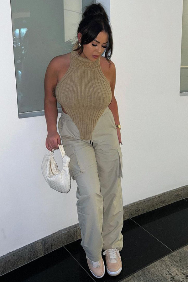Lasula Caitlin Beige Roll Neck Distressed Hem Knit Crop Top