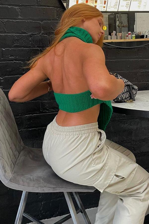 Lasula Caitlin Green Roll Neck Distressed Hem Knit Crop Top