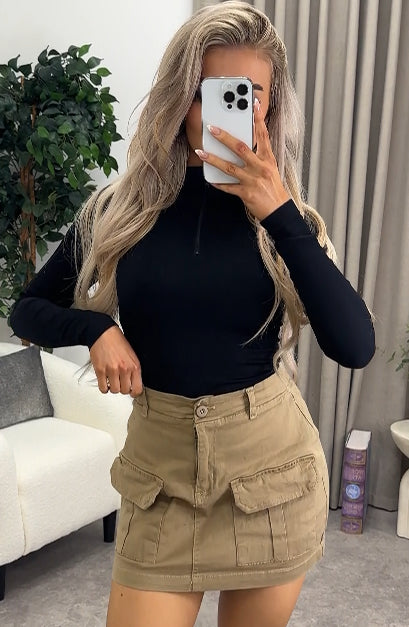 Lasula Caroline Beige High Waisted Cargo Pocket Utility Mini Skirt