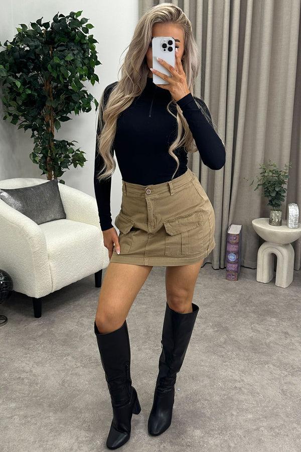 Lasula Caroline Beige High Waisted Cargo Pocket Utility Mini Skirt
