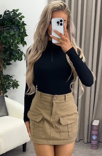 lasula Caroline Beige High Waisted Cargo Pocket Utility Mini Skirt