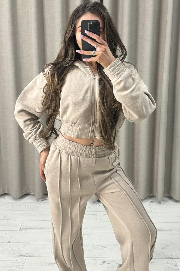 Lasula Carry Beige Zip Up Cropped Hoodie And Wide Leg Joggers Tracksuit Set