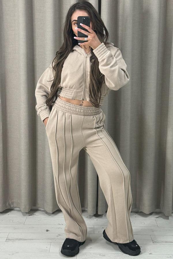 Lasula Carry Beige Zip Up Cropped Hoodie And Wide Leg Joggers Tracksuit Set