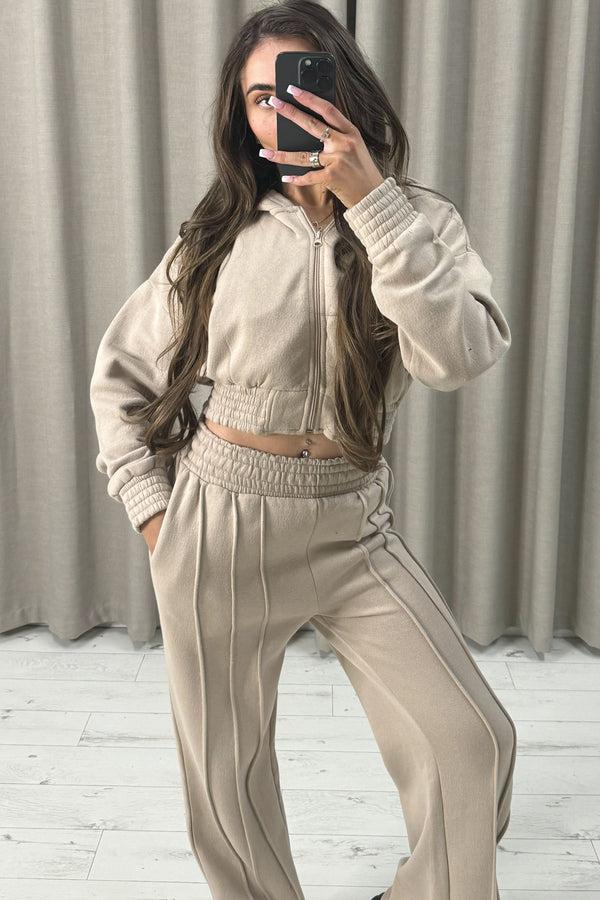 Lasula Carry Beige Zip Up Cropped Hoodie And Wide Leg Joggers Tracksuit Set