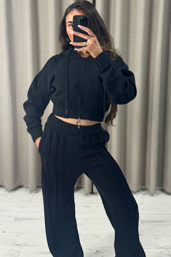Lasula Carry Black Zip Up Cropped Hoodie And Wide Leg Joggers Tracksuit Set