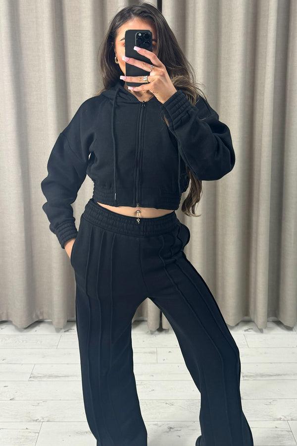 Lasula Carry Black Zip Up Cropped Hoodie And Wide Leg Joggers Tracksuit Set