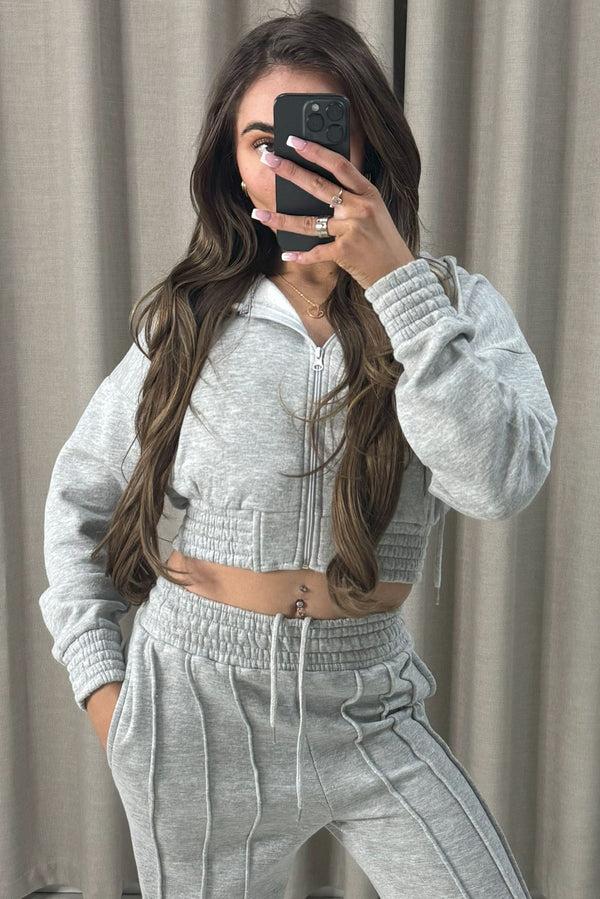 Lasula Carry Grey Zip Up Cropped Hoodie And Wide Leg Joggers Tracksuit Set