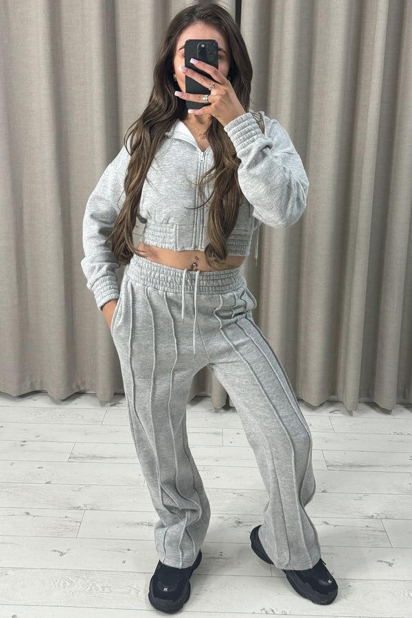 Lasula Carry Grey Zip Up Cropped Hoodie And Wide Leg Joggers Tracksuit Set