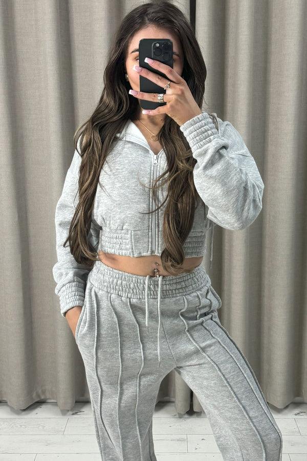 Lasula Carry Grey Zip Up Cropped Hoodie And Wide Leg Joggers Tracksuit Set