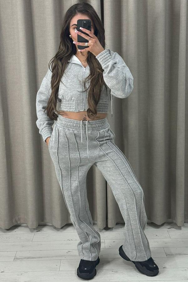 lasula Carry Grey Zip Up Cropped Hoodie and Wide Leg Joggers Tracksuit Set