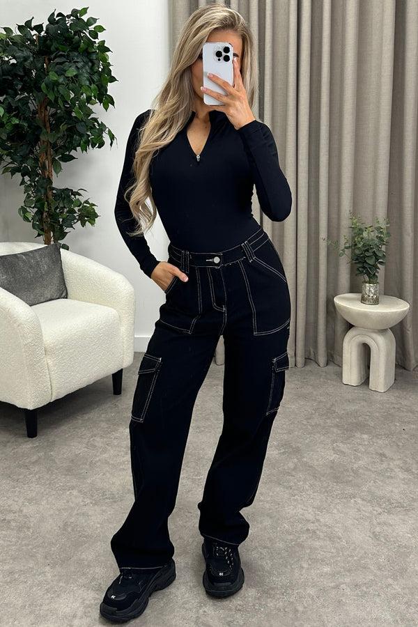 Lasula Cassie Black Wide Leg Contrast Stitch Cargo Trousers