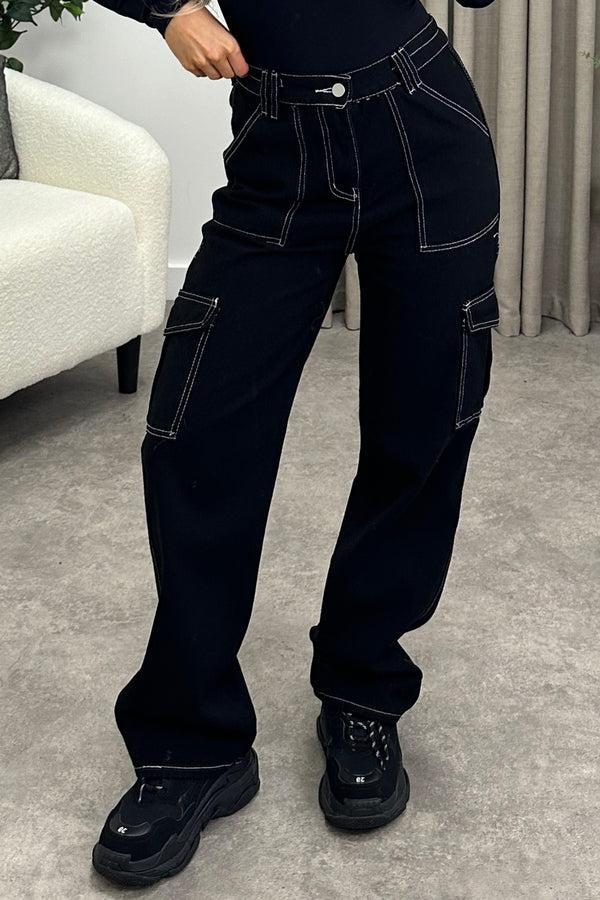 Lasula Cassie Black Wide Leg Contrast Stitch Cargo Trousers