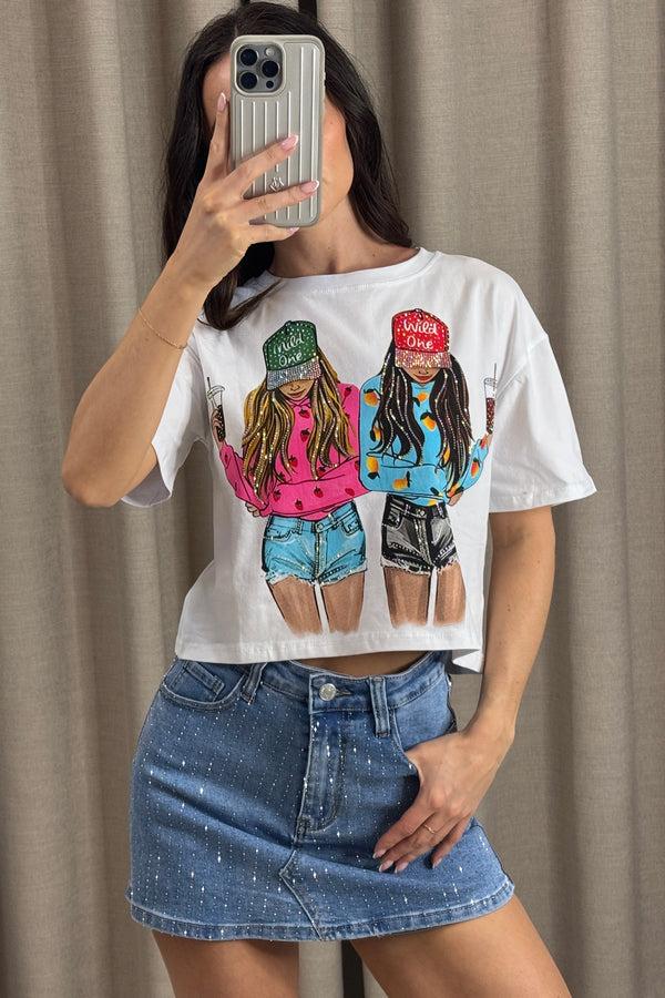 lasula Caterina White Diamante Embellished Girl Graphic Print Crop T-Shirt