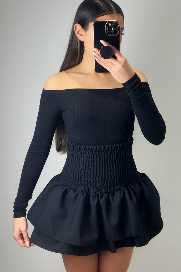 Lasula Cece Black Shirred Waist Ruffle Hem Mini Skirt