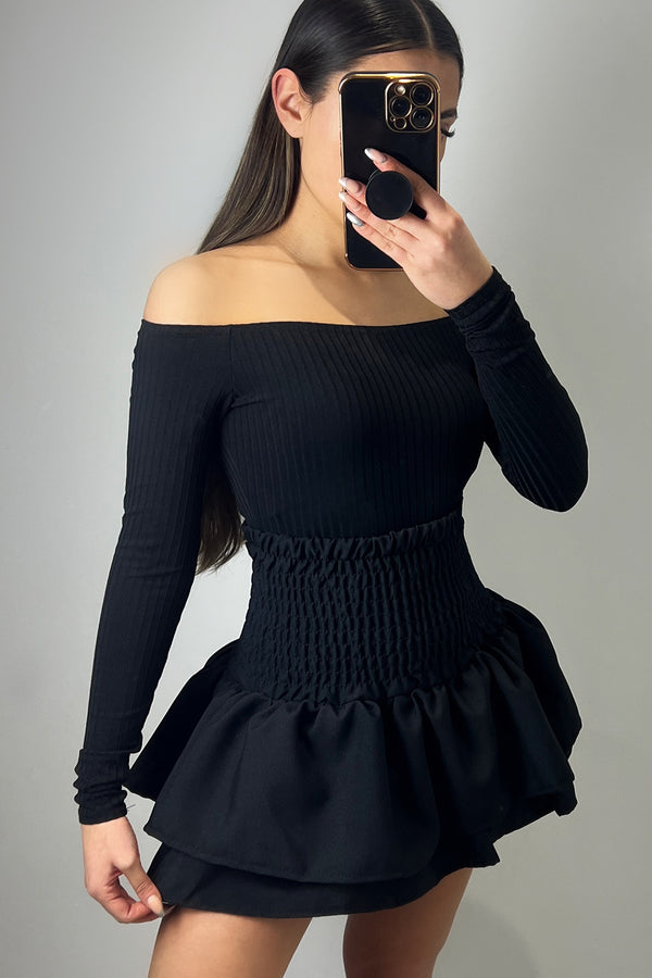 lasula Cece Black Shirred Waist Ruffle Hem Mini Skirt