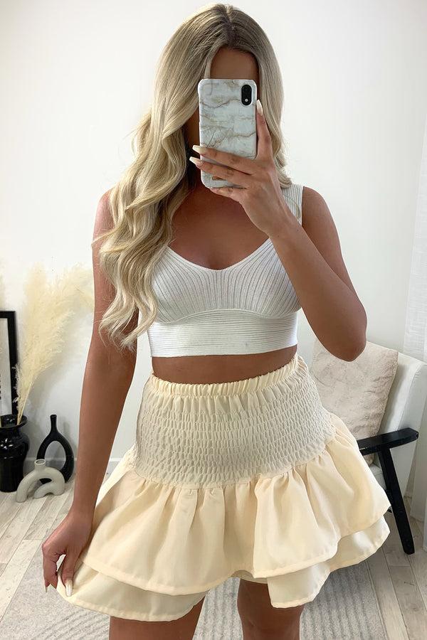 lasula Cece Lemon Shirred Waist Ruffle Hem Mini Skirt