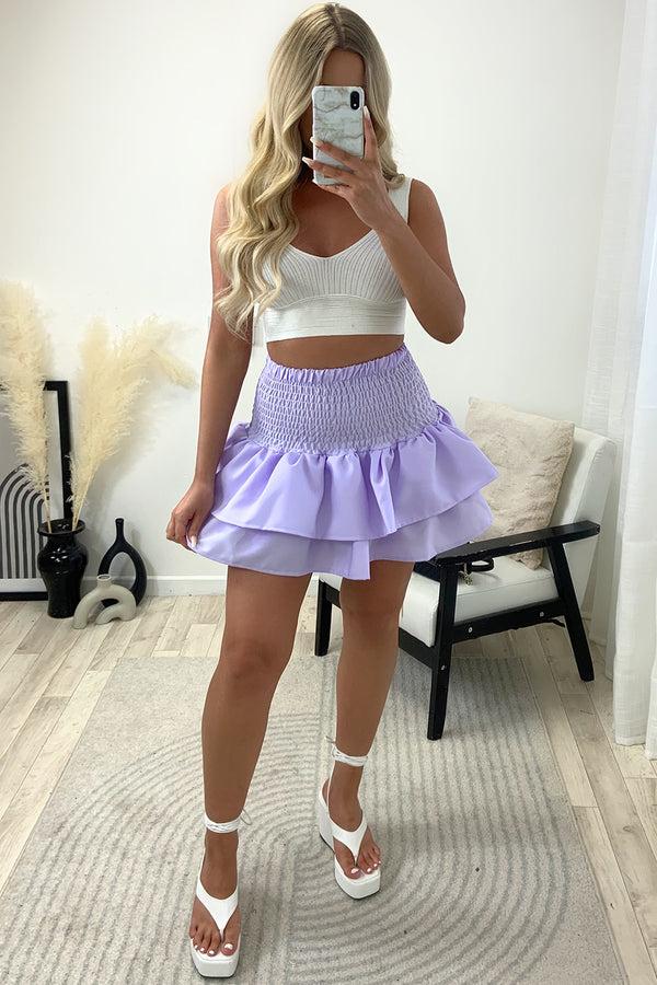 Lasula Cece Lilac Shirred Waist Ruffle Hem Mini Skirt