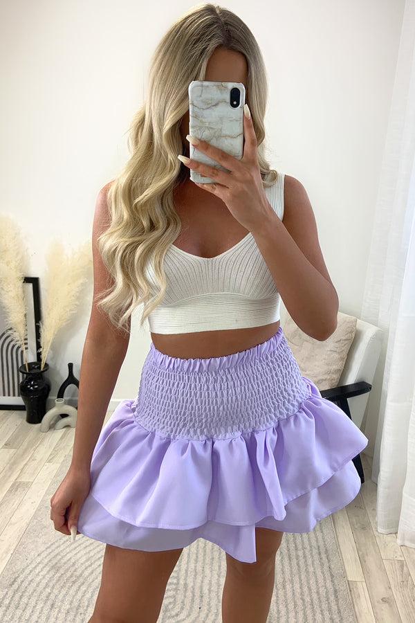 lasula Cece Lilac Shirred Waist Ruffle Hem Mini Skirt