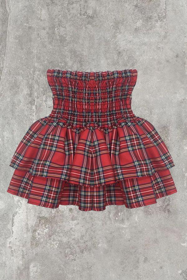 Lasula Cece Red Check Shirred Waist Ruffle Hem Mini Skirt