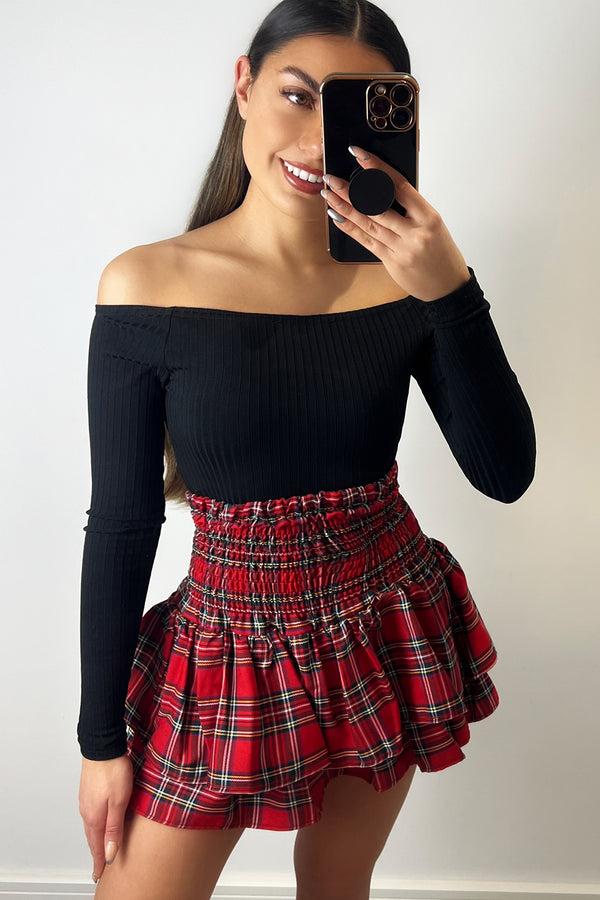 lasula Cece Red Check Shirred Waist Ruffle Hem Mini Skirt