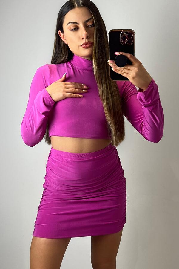 lasula Charlie Fuchsia High Neck Crop Top and Ruched Mini Skirt Co-Ord Set