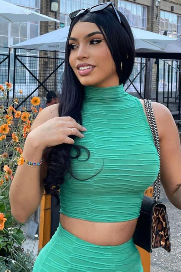 Lasula Charlotta Green Textured High Neck Crop Top And Flared Trouser Co-Ord Set