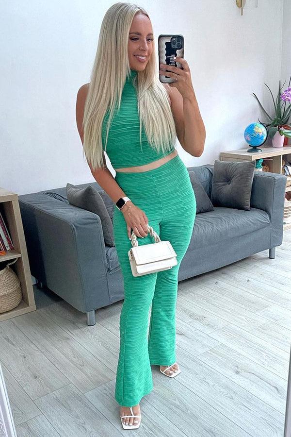 Lasula Charlotta Green Textured High Neck Crop Top And Flared Trouser Co-Ord Set