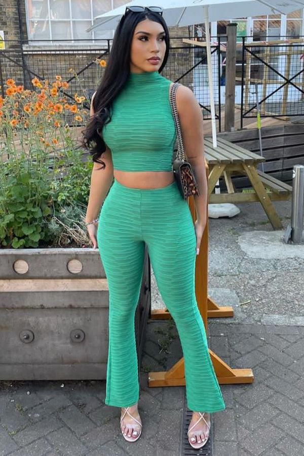 lasula Charlotta Green Textured High Neck Crop Top and Flared Trouser Co-Ord Set