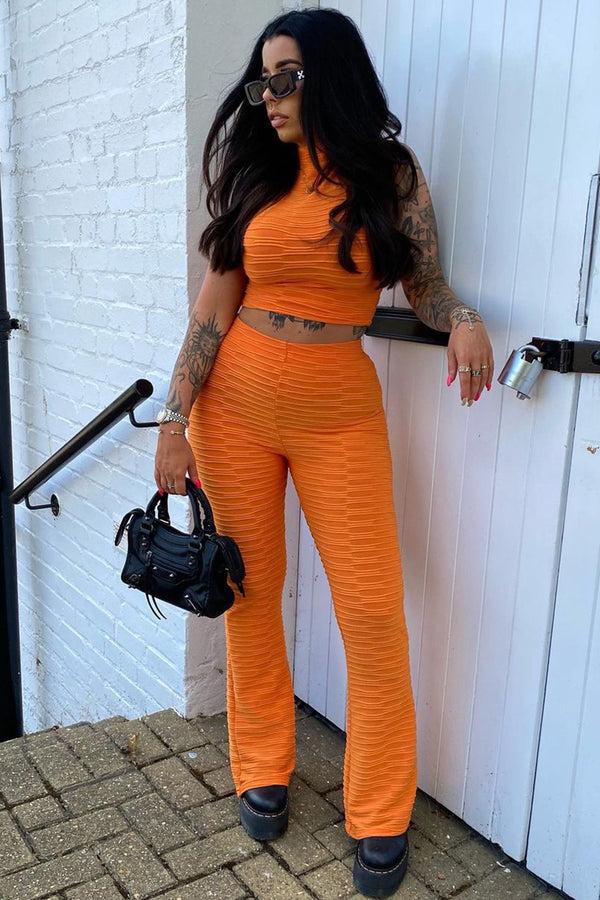 lasula Charlotta Orange Textured High Neck Crop Top and Flared Trouser Co-Ord Set