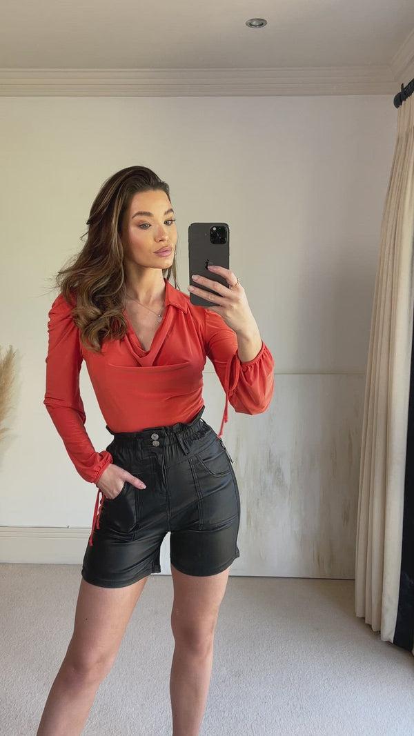 Lasula Cheryl Black Paperbag High Waisted Faux Leather PU Shorts