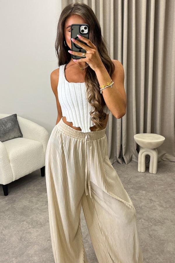 Lasula Chrissy Beige Plisse High Waisted Wide Leg Satin Trousers