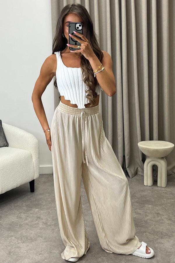lasula Chrissy Beige Plisse High Waisted Wide Leg Satin Trousers lasula Chrissy Beige Plisse High Waisted Wide Leg Satin Trousers