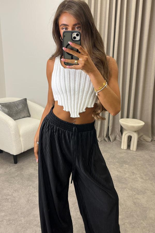 Lasula Chrissy Black Plisse High Waisted Wide Leg Satin Trousers