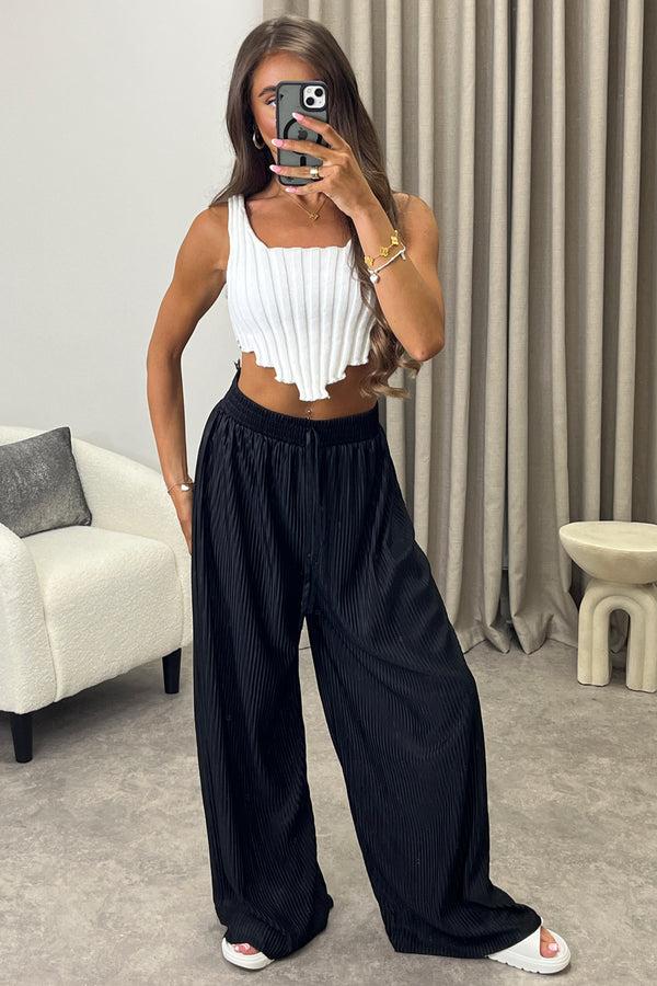 Lasula Chrissy Black Plisse High Waisted Wide Leg Satin Trousers