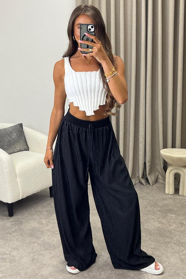 lasula Chrissy Black Plisse High Waisted Wide Leg Satin Trousers