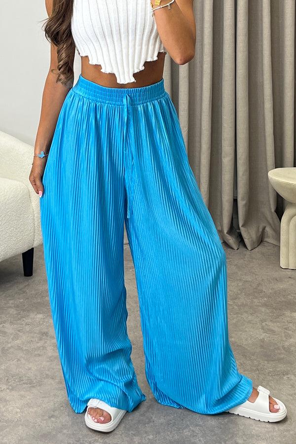 lasula Chrissy Blue Plisse High Waisted Wide Leg Satin Trousers