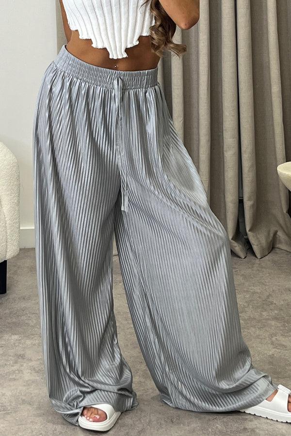 Lasula Chrissy Grey Plisse High Waisted Wide Leg Satin Trousers