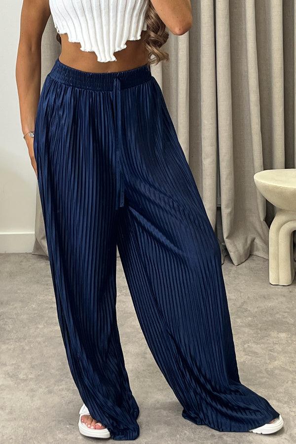 Lasula Chrissy Navy Plisse High Waisted Wide Leg Satin Trousers