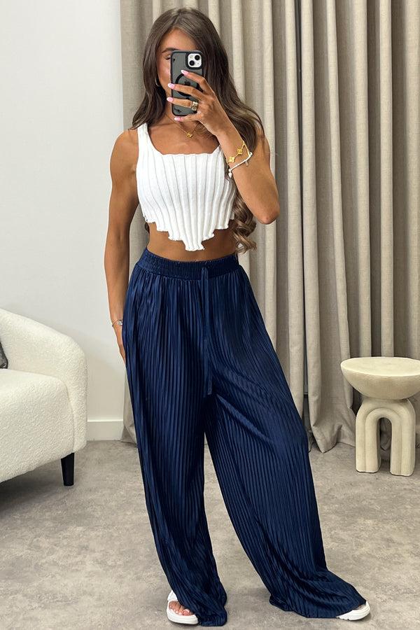 lasula Chrissy Navy Plisse High Waisted Wide Leg Satin Trousers