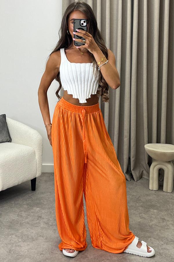 Lasula Chrissy Orange Plisse High Waisted Wide Leg Satin Trousers