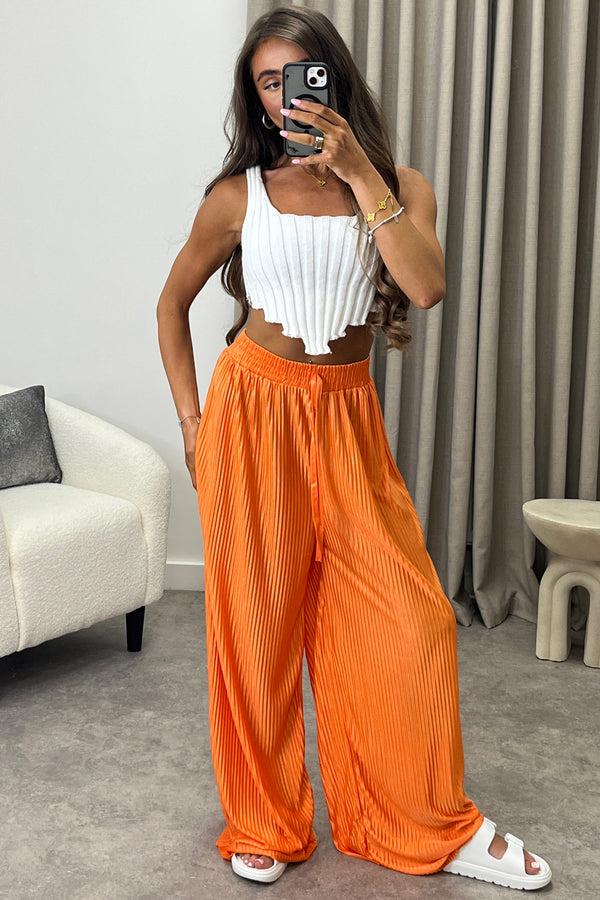 Lasula Chrissy Orange Plisse High Waisted Wide Leg Satin Trousers
