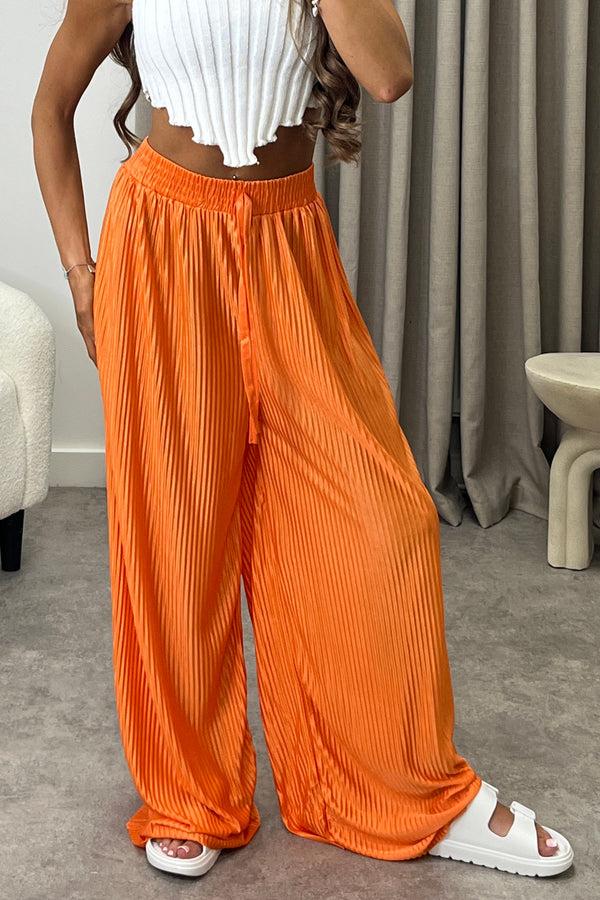 lasula Chrissy Orange Plisse High Waisted Wide Leg Satin Trousers