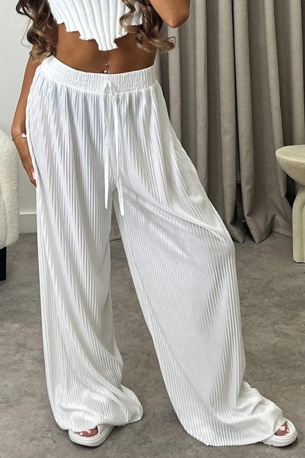 lasula Chrissy White Plisse High Waisted Wide Leg Satin Trousers