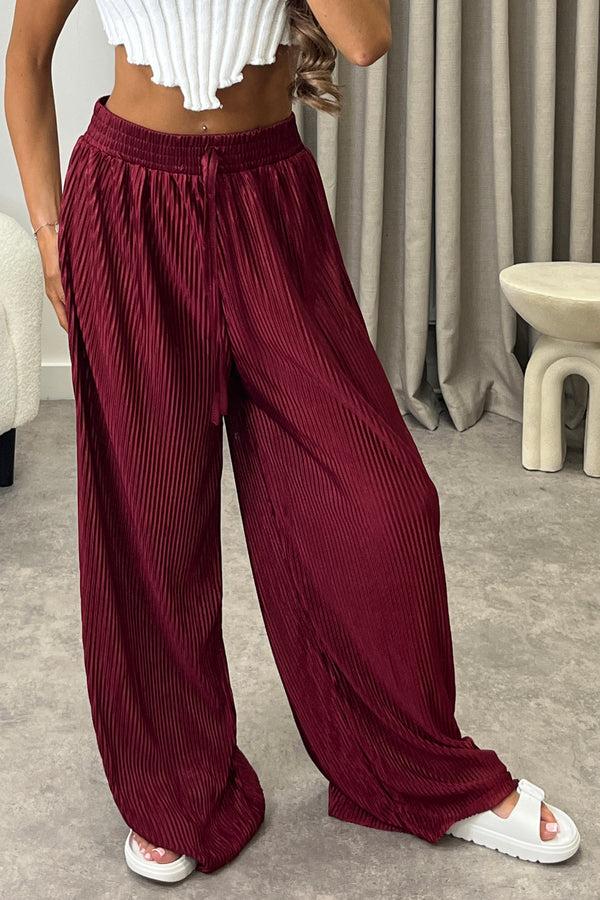 Lasula Chrissy Wine Plisse High Waisted Wide Leg Satin Trousers