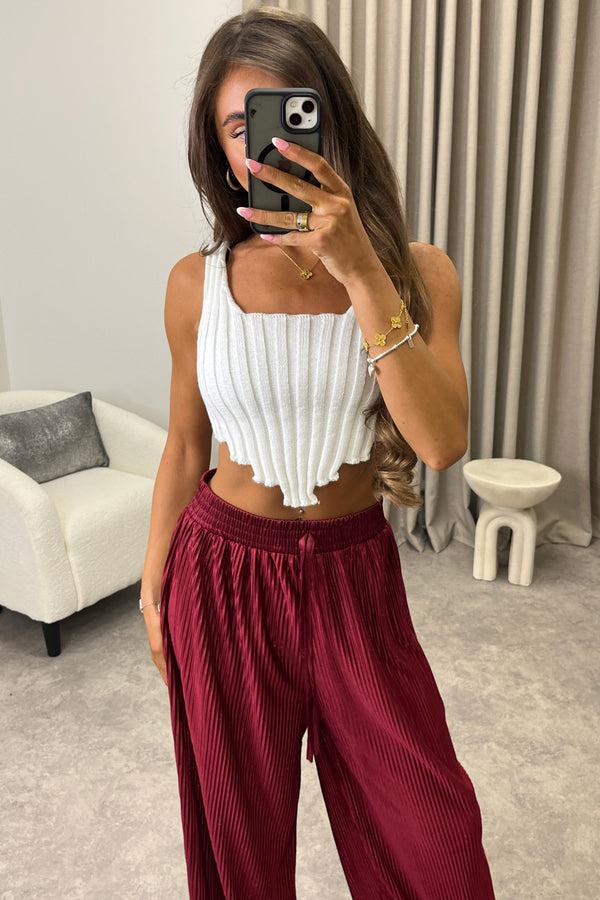 Lasula Chrissy Wine Plisse High Waisted Wide Leg Satin Trousers