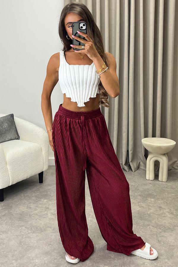 Lasula Chrissy Wine Plisse High Waisted Wide Leg Satin Trousers