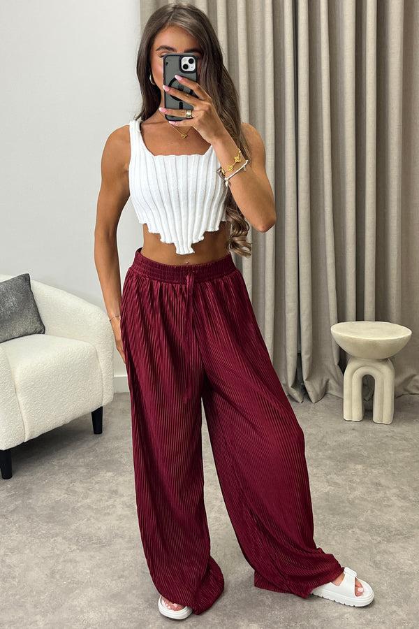 lasula Chrissy Wine Plisse High Waisted Wide Leg Satin Trousers