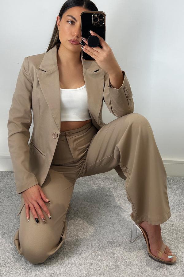 Lasula Cyndi Beige High Waisted Wide Leg Tailored Trousers